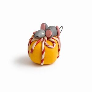 Vintage Handmade Polymer Clay Mini Mouse Cheese Ornament Yellow Grey Whimsical